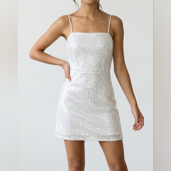 SHEIN Dresses & Skirts - Shein White Sequin Mini Dress Spaghetti Straps NWOT Women's Medium Size 6